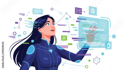 Woman in futuristic outfit interacting with virtual interface and surrounded by various colorful digital elements and symbols