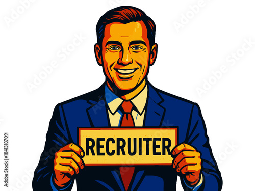 cheerful male recruiter in a suit holding a sign labeled RECRUITER, symbolizing hiring and HR. Generative ai vector colorful pop art illustration.