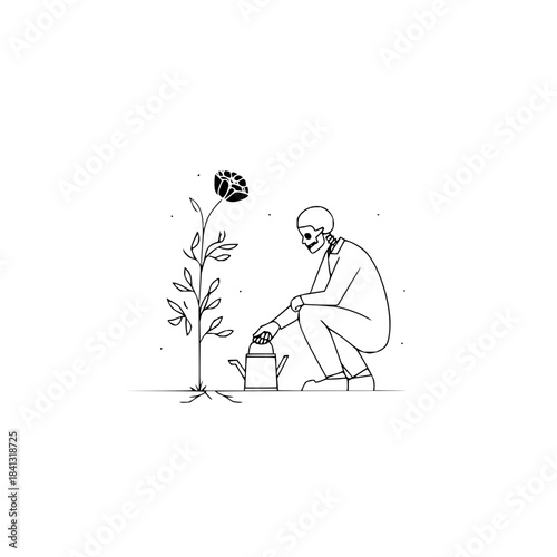 A skeleton watering a flower in a minimalist black and white illustration style image design art 100