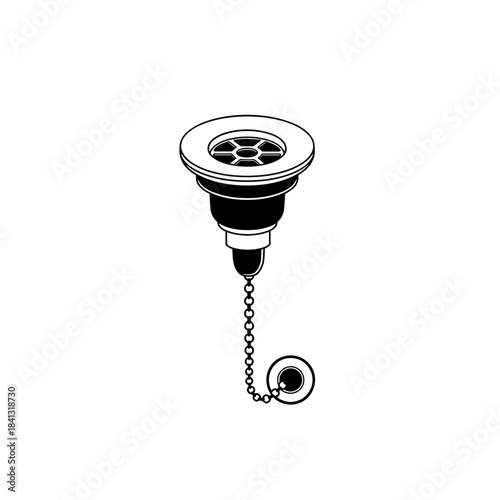 Line art illustration of a sink drain plug with a chain on a white background