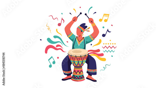 A colorful illustration of a man playing a drum with music notes and swirling lines around him isolated on white background