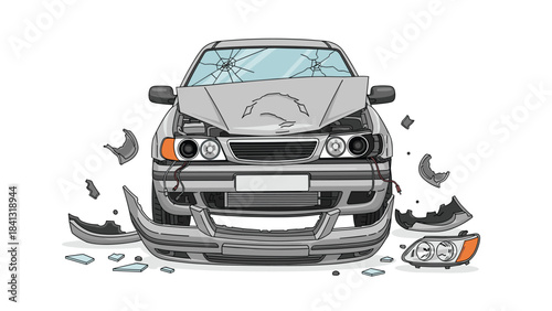 Damaged car with broken bumper and cracked windshield isolated on white background