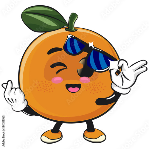 cute orange mascot character opening sunglasses while giving a sign of love,, happy mandarin fruit cartoon vector illustration, work of hand drawn