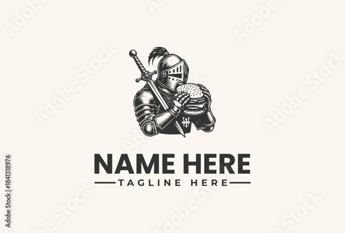 Medieval Knight Eating Burger Logo Vector Illustration - Heraldic Emblem for a Food Brand