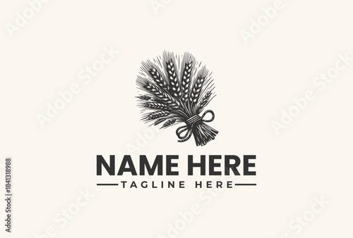 Vintage Wheat Bundle Logo Vector Illustration. Hand-drawn Engraved Style Grain Harvest Emblem Design for Organic Farm or Bakery Branding