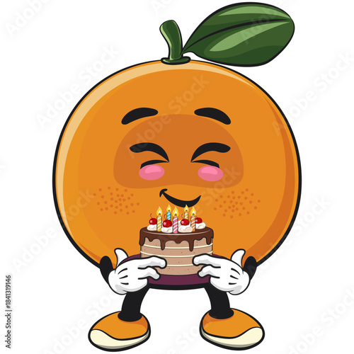 cute orange mascot character bring a birthday cake, happy mandarin fruit cartoon vector illustration, work of hand drawn