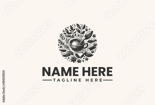 Hand-drawn herbal pestle and mortar logo vector illustration with leaves. Natural organic wellness and apothecary design for health brands