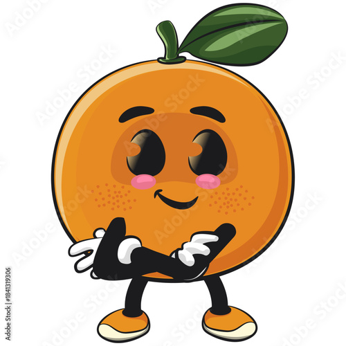 cute orange mascot character folding his arms calmly, happy mandarin fruit cartoon vector illustration, work of hand drawn