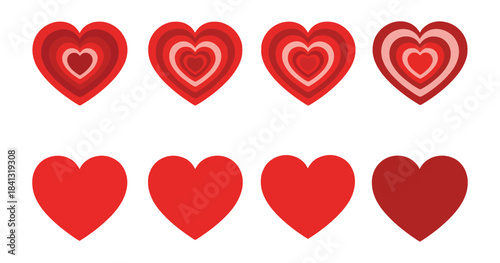 Nested red hearts illustration series with concentric shapes and varying styles