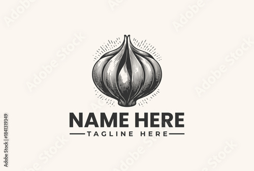 Detailed vintage style garlic bulb logo vector illustration, perfect for organic food, restaurant, or spice shop branding and packaging designs