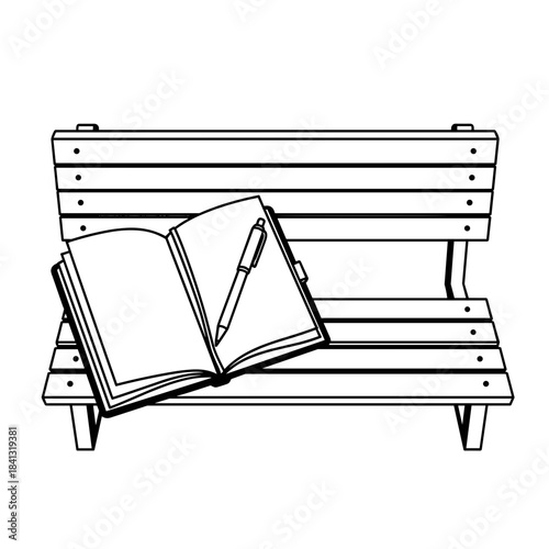 Journal and pen on outdoor bench, reflective mood, minimalistic style
