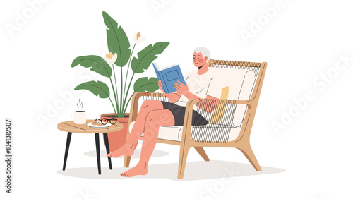 Elderly woman relaxing in a wicker chair reading a book next to a plant on a side table isolated on white background