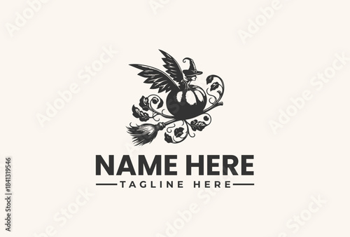 Vintage Witch Pumpkin Logo Vector Illustration for Halloween and Fantasy Themes. Engraved Style Flying Pumpkin with Broom and Hat Graphic Design Asset