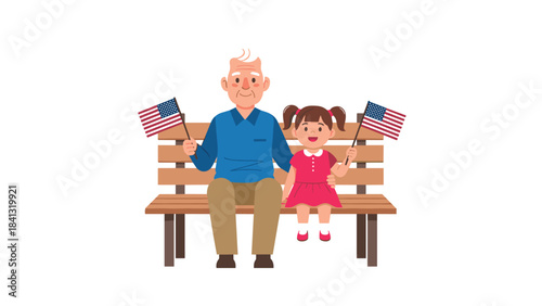 An elderly man and a little girl sitting on a bench holding american flags on a white background