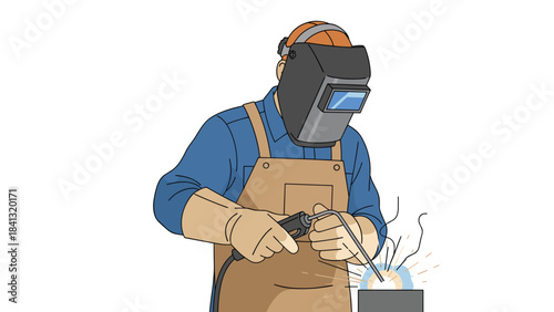 A welder wearing protective gear and working with a torch on a metal piece in a workshop setting with safety equipment