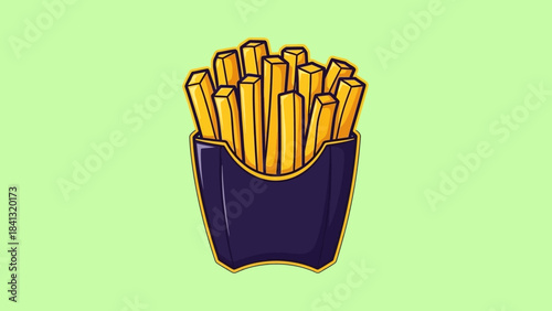 Illustration of a serving of french fries in a dark blue container.