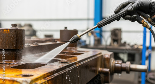 Worker using high pressure water jet to clean rust and grime from large industrial metal machinery surface in maintenance workshop