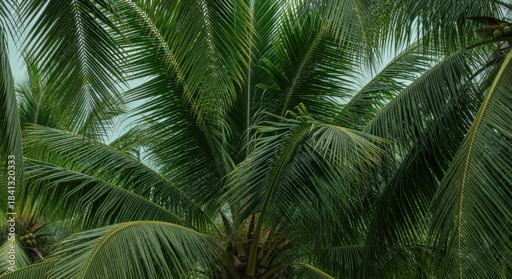 Fototapeta premium Dense tropical coconut palm tree canopy with lush green fronds overlapping against a soft blue sky background