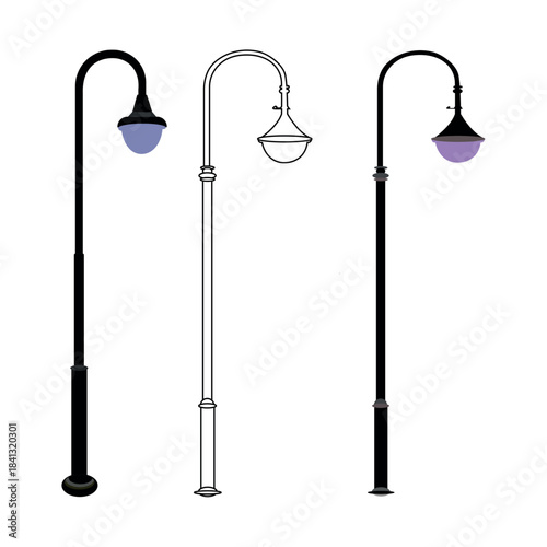 Vintage street light posts set, old street lamp posts, sidewalk lantern, vector