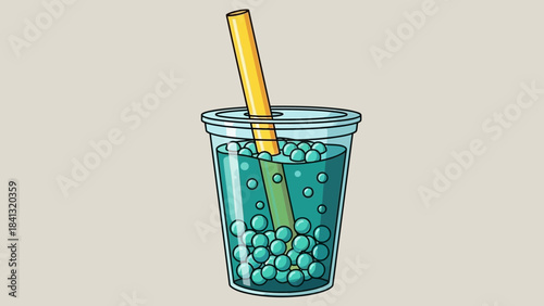 Illustration of a blue bubble tea drink with a yellow straw in a clear plastic cup.