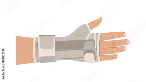 A persons hand wearing a gray and beige wrist brace on a white background for support and stability