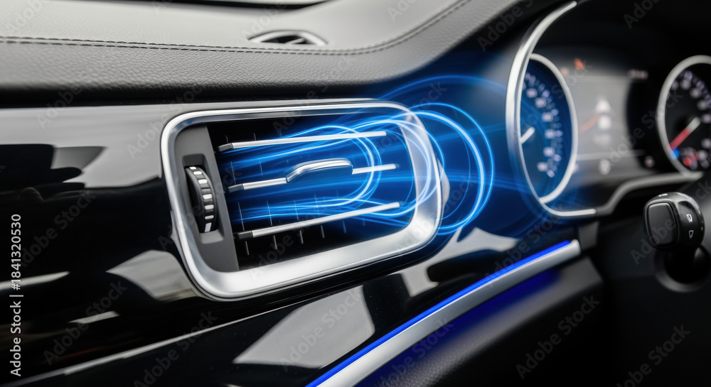 Naklejka premium modern car interior closeup with digital airflow visualization showing active climate control system and illuminated dashboard design
