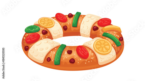A traditional sweet bread wreath decorated with dried fruits and nuts isolated on white background for holiday celebrations and festive occasions