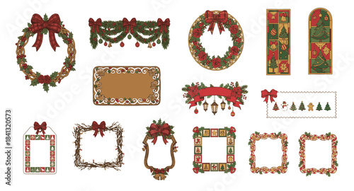 Hand Drawn Vintage Christmas Frames and Wreaths Vector Set.