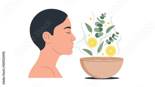 A person inhaling steam from a bowl of herbal leaves and lemons for relaxation and wellness on white background