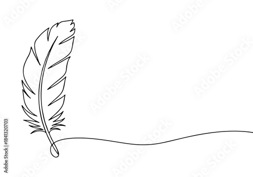 A single continuous line drawing of a feather with an elegant flowing line on a white background, symbolizing lightness and creativity.