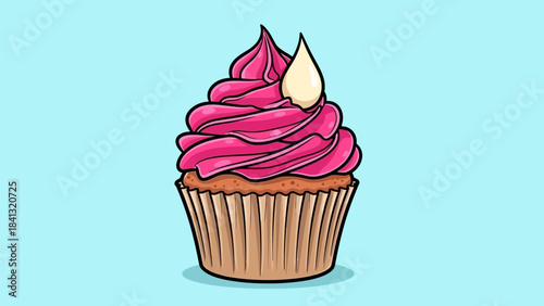 Illustration of a cupcake with pink frosting and a white cream dollop on a light blue background.