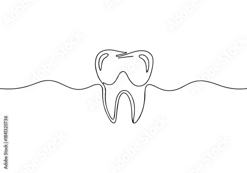 A minimalist continuous line art drawing of a human tooth, symbolizing dental health and oral care on a clean white background.