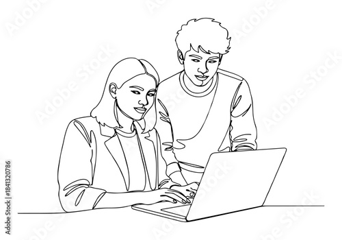 Two young adults, a woman and a man, collaborating on a laptop computer, depicted in a minimalist line art style.