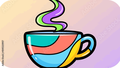 Colorful illustration of a steaming cup of coffee or tea with abstract design and vibrant colors.