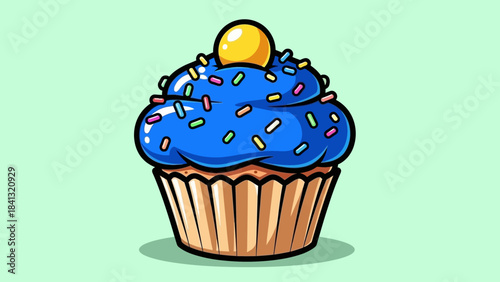 Illustration of a cupcake with blue frosting, sprinkles, and a yellow candy on top.