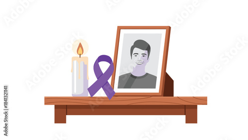 Illustration of a memorial setup with a framed photo, lit candle, and purple awareness ribbon on a wooden shelf