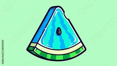 Illustration of a slice of watermelon with blue flesh and a bite taken out of it.