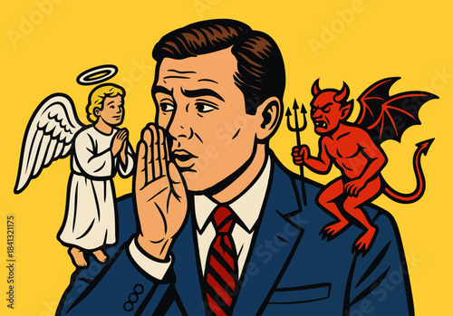 man facing moral dilemma, with angel and devil on his shoulders symbolizing good and bad choices. Generative ai vector colorful pop art illustration.