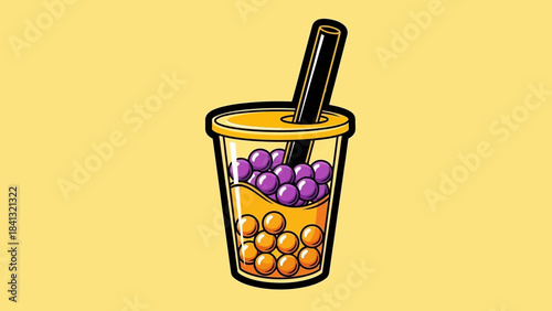 A cartoon illustration of a cup of bubble tea with purple and orange tapioca pearls and a black straw.