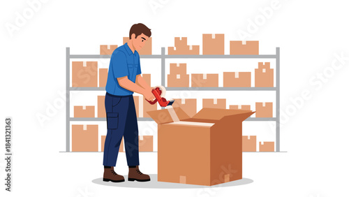 Man in blue shirt using a red tape dispenser on a large brown cardboard box in a warehouse with shelves of boxes