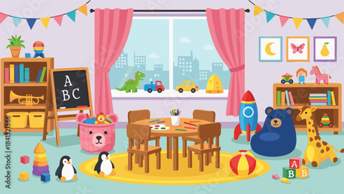 A vibrant and colorful illustration of a cheerful kindergarten classroom filled with toys and learning materials.