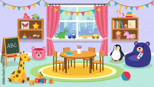 A vibrant and colorful kindergarten classroom filled with toys, educational materials, and cheerful decorations.