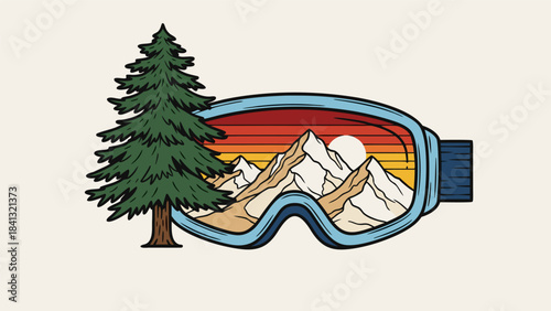 Retro ski goggles reflecting a mountain landscape with a pine tree in the foreground during sunset.