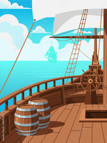 View from the deck of a wooden ship sailing on a bright blue ocean with another ship in the distance.