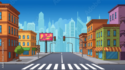 A vibrant cartoon cityscape with colorful buildings, a street, and a distant skyline under a clear blue sky.