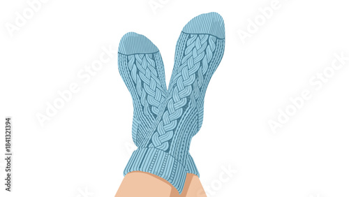 A pair of blue knitted fingerless gloves on a persons hand isolated on white background