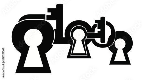 Black and white keyhole and key icons set, symbolizing security, access, and solution, on plain background for business and technology concepts