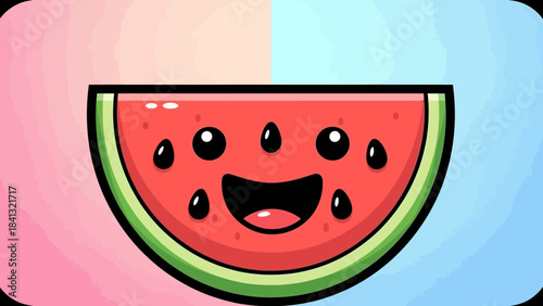 Cartoon watermelon slice with a happy face and seeds on a split pink and blue background.