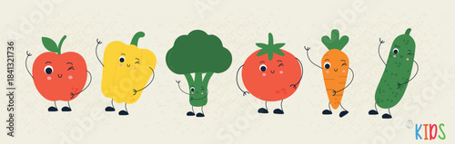 Playful flat vector illustration featuring cute smiling fruit and vegetable characters, including an apple, pepper, broccoli, tomato, carrot, and cucumber.