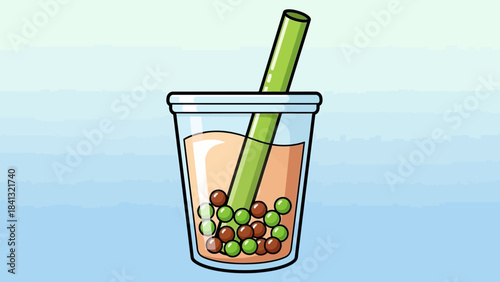Illustration of a glass of bubble tea with tapioca pearls and a green straw.